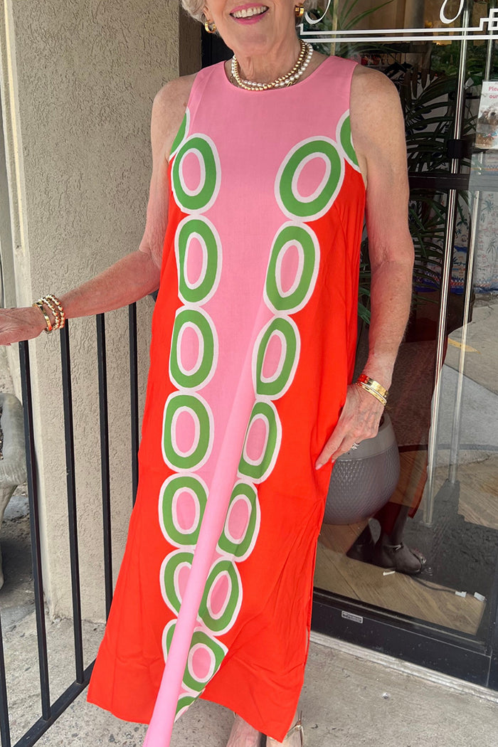 Retro Print Sleeveless Column Pocket Midi Dress