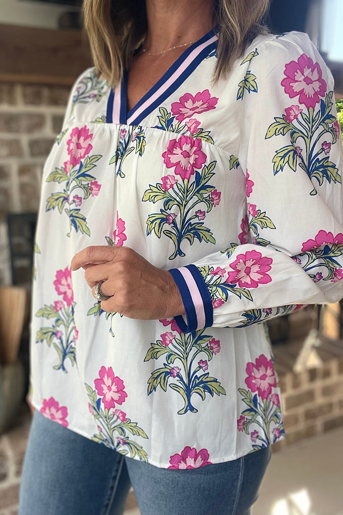 Floral Print Striped V-Neck Blouse