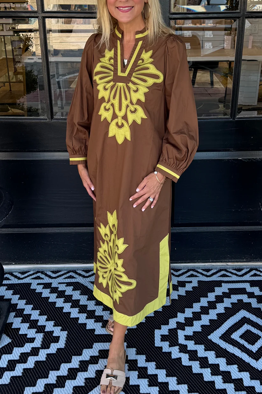 Brown Yellow Contrast Motif Balloon Sleeve Pocket Maxi Dress