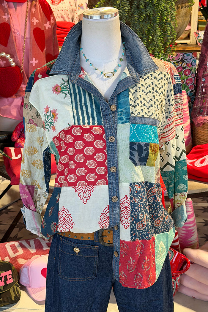 Patchwork Collar Button Top