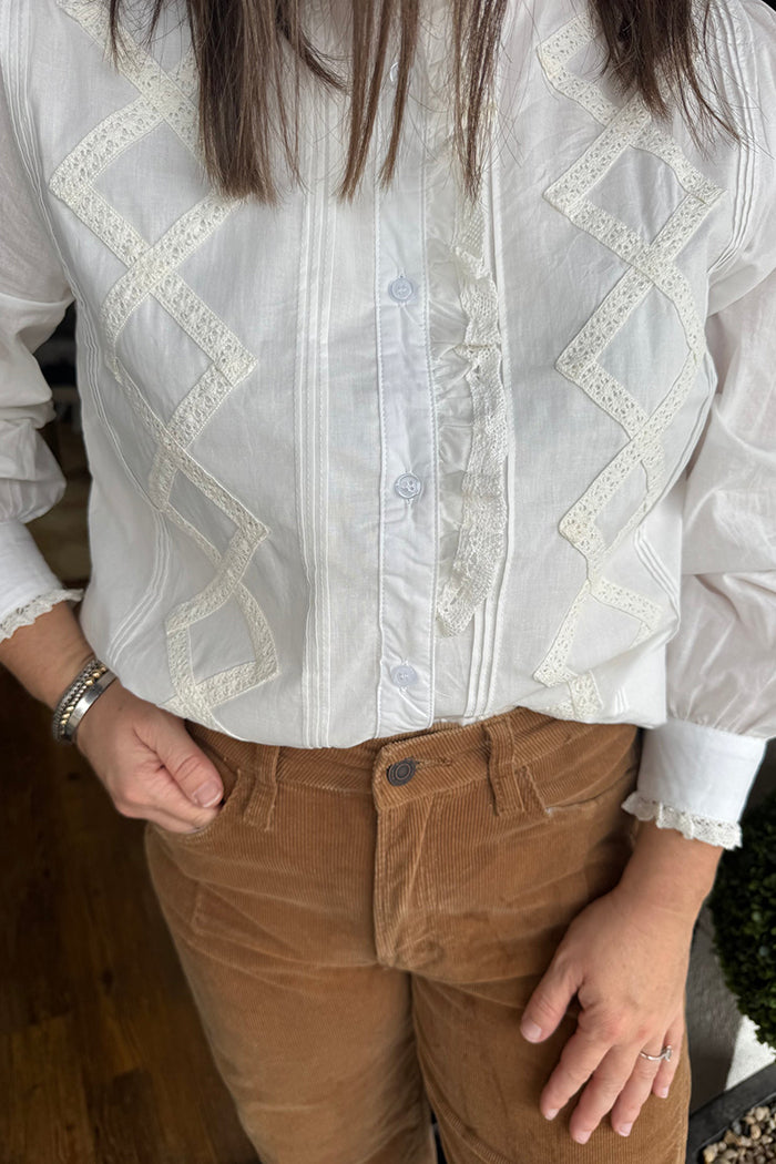 Embroidered Diamond Ruffle Trim White Blouse