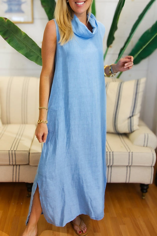 High Cowl Neck Linen Maxi Dress
