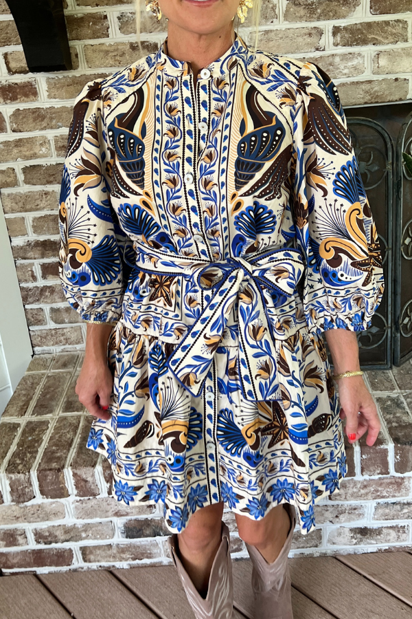 Casual Retro Patterned Belt Dress