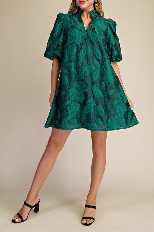 Puff-Sleeve Buttoned Shift Dress