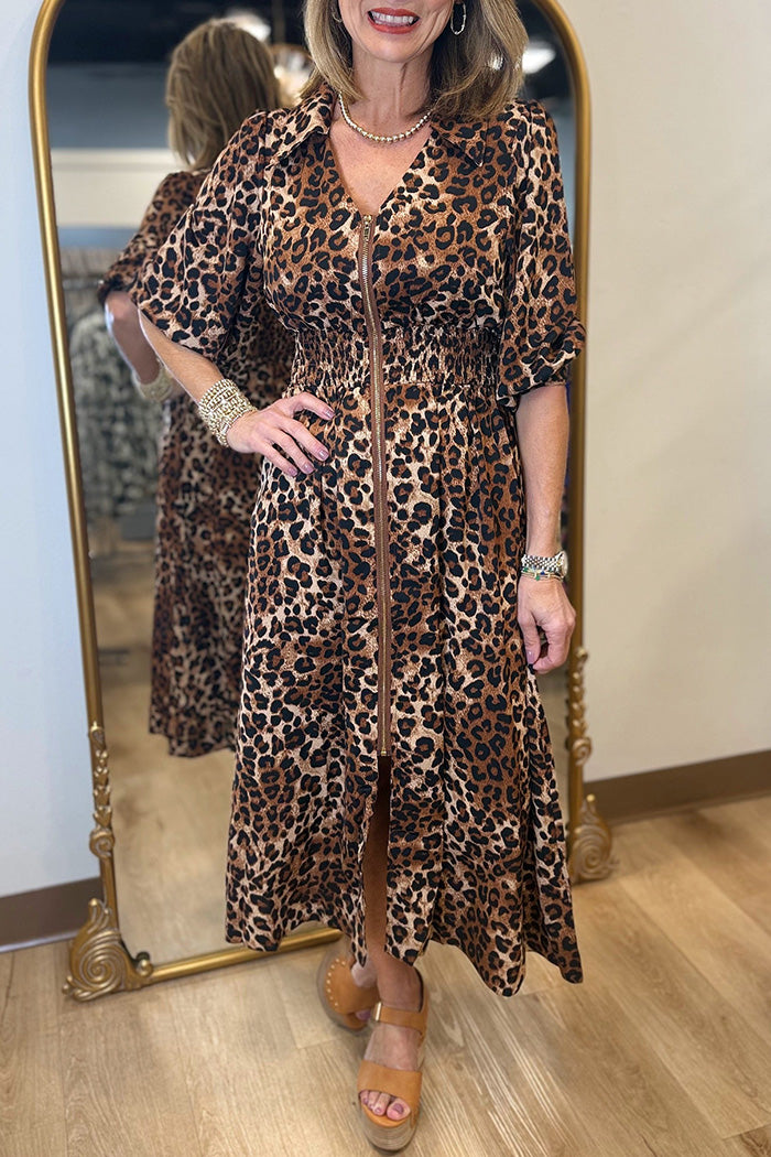 Leopard Print Zip Front Midi Dress