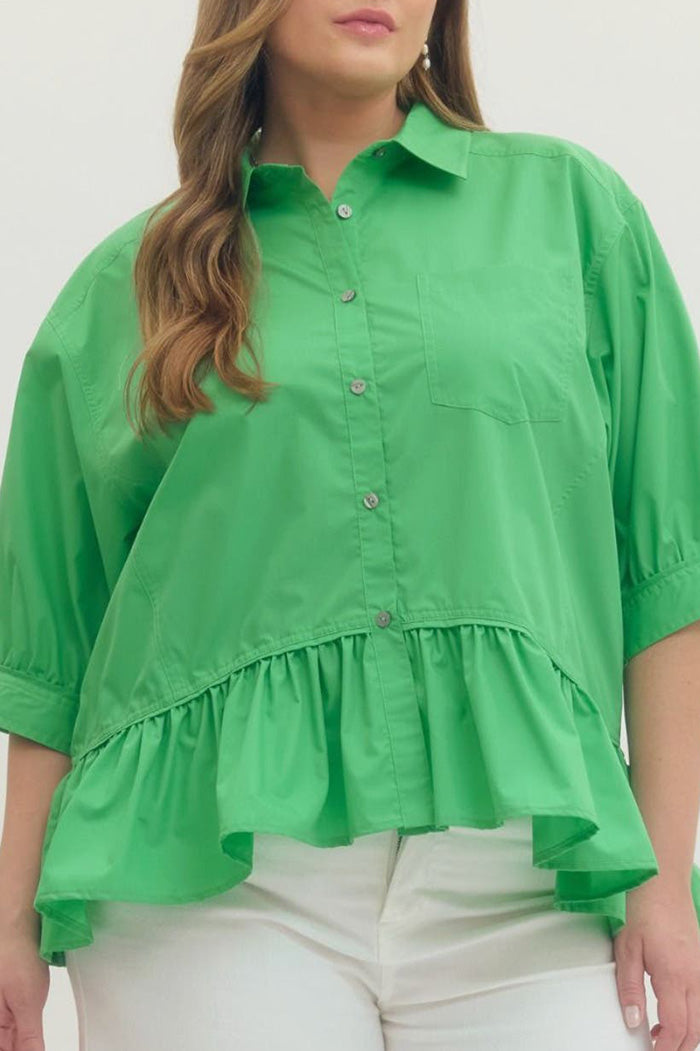 Solid 3/4 Sleeve Button-down Top