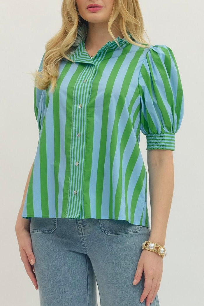 Striped Ruffle Collar Puff Sleeve Top