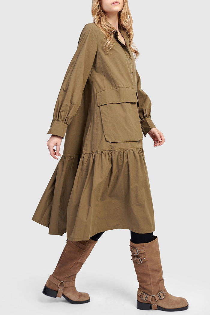 Button Front Ruffled Hem Pocketed Shirt Dress