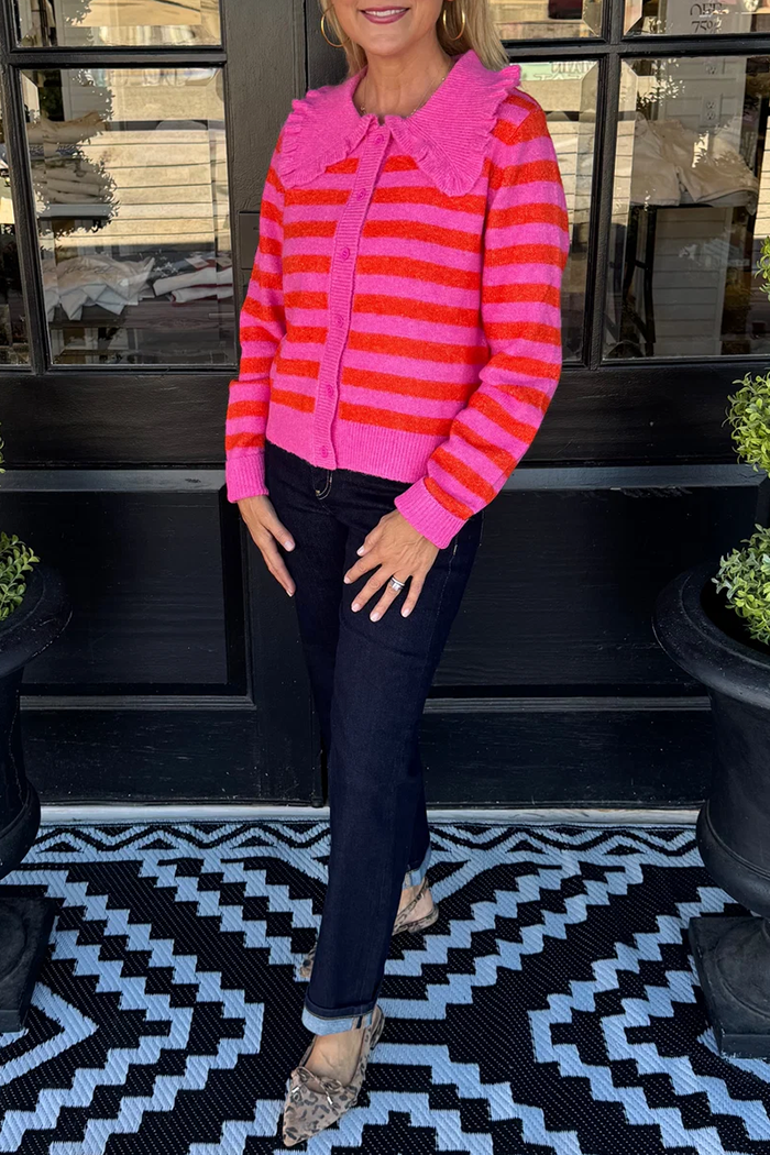 Striped Knit Ruffle Collar Button Front Long Sleeve Cardigan