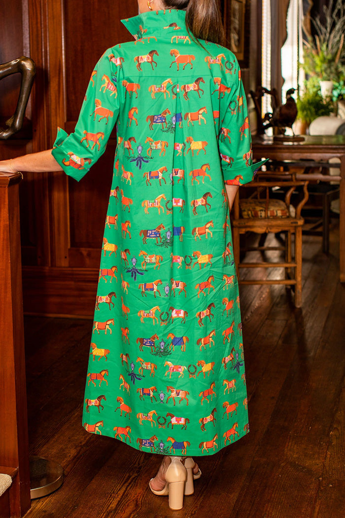 Vibrant Equine-Print Shirt Collar Pocket Dress
