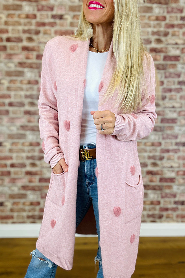 Fluffy Heart Front Pockets Knit Long Cardigan