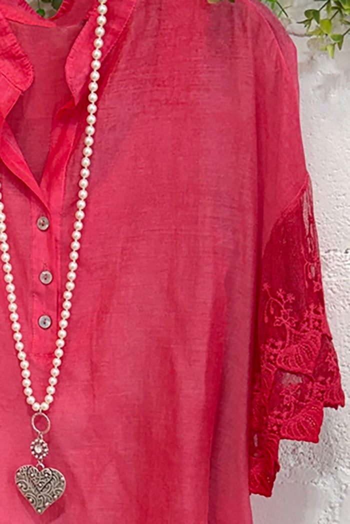 Strawberry Pink Lace Ruffle Short Sleeve Button Front Top