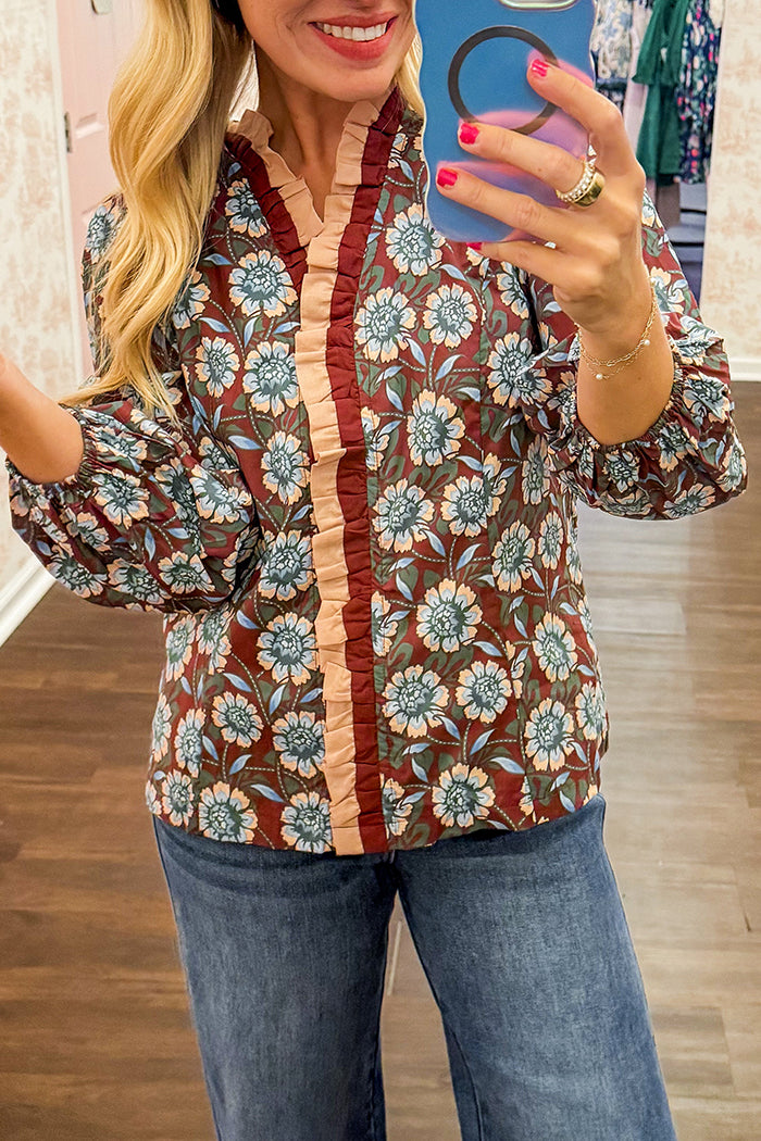 Ruffled V-Neckline Floral Top