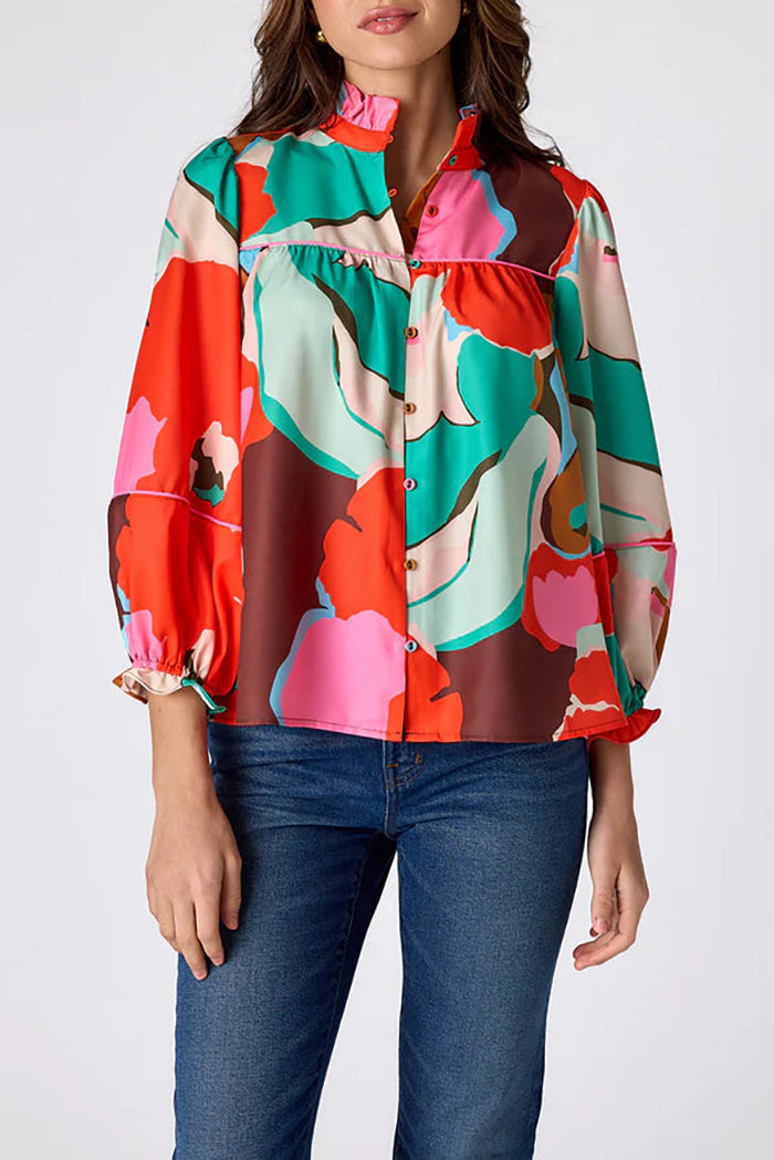 Puff Sleeve Ruffle Collar Top