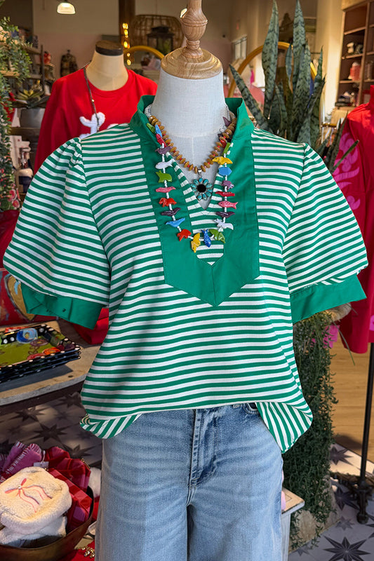 Striped Puff Sleeve Contrast Top