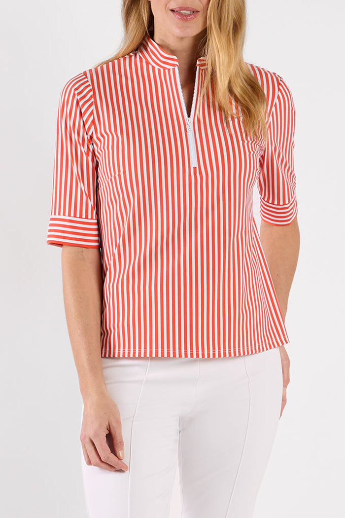 Striped Half-Zip Three Quarter Sleeve Top