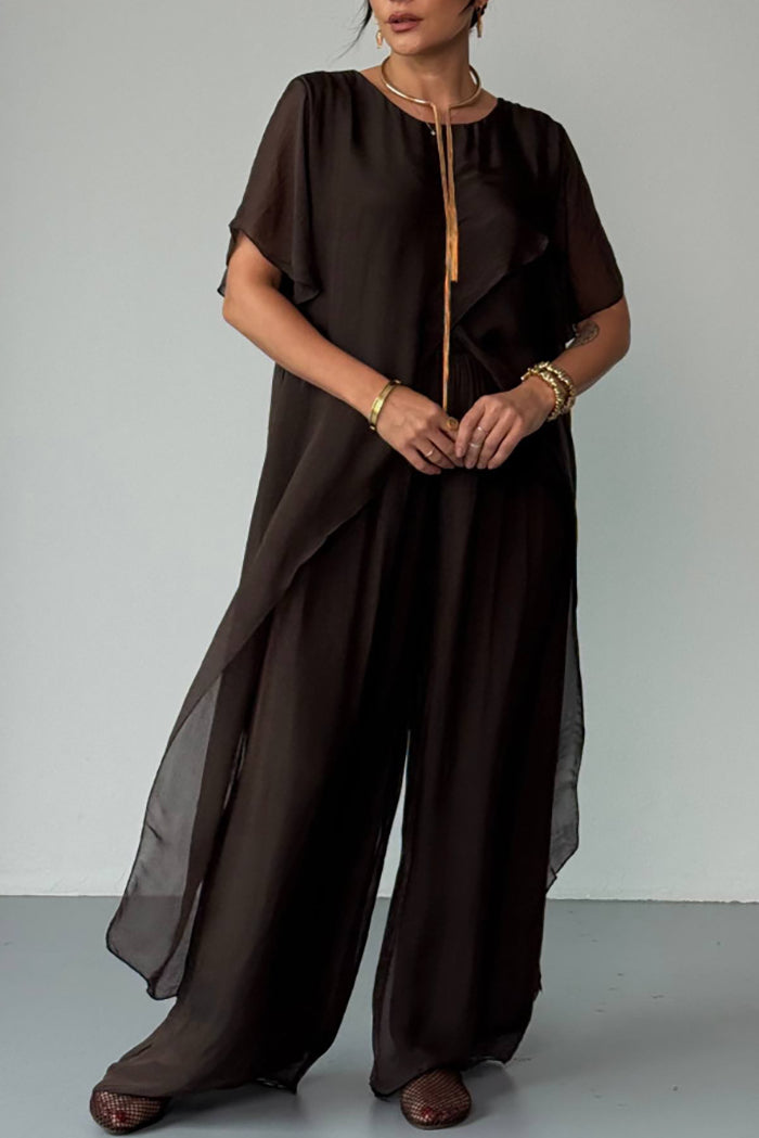 Flowy Asymmetric Cape Sleeve Wide Leg Pants Set