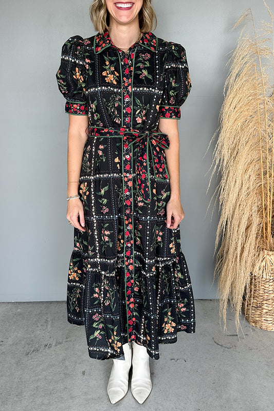 Floral Checkered Puff-Sleeve Pocketed Midi Dress