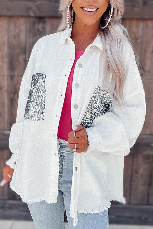 Sequin Patch Pocket Denim Jacket