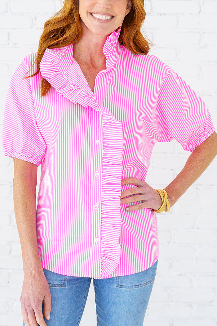 Ruffle Placket Puff Sleeve Stripe Top