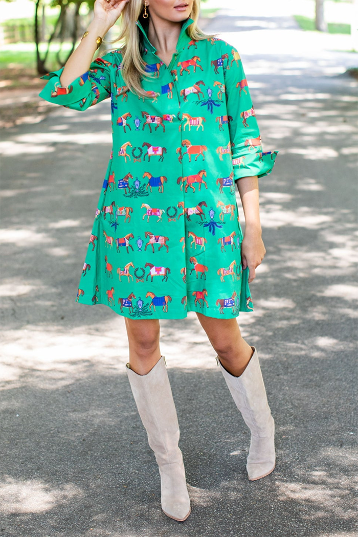 Horse Print Pockets Shirt Dress