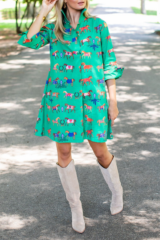 Horse Print Pockets Shirt Dress