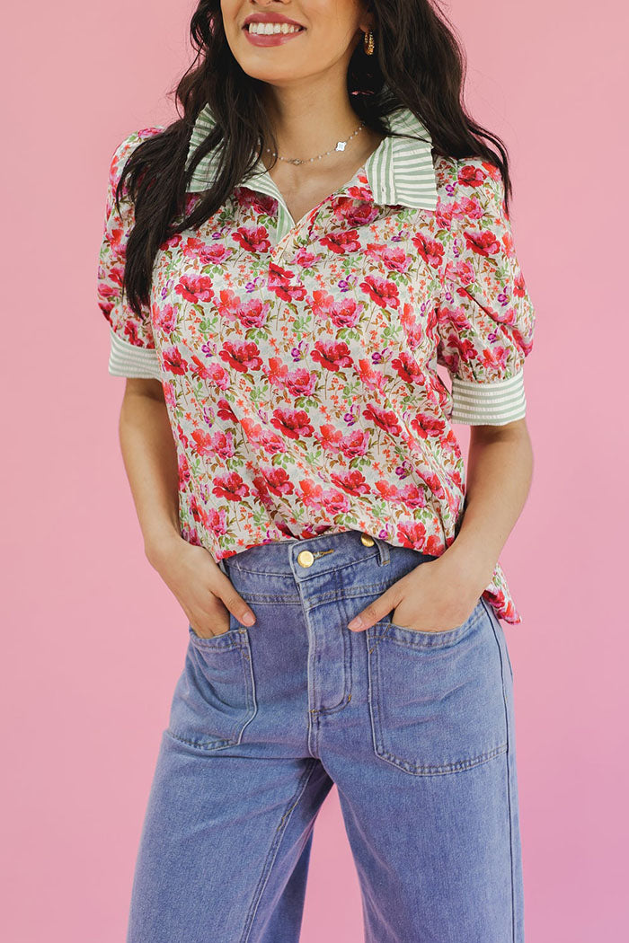 Striped Ruffle Collar Floral Top