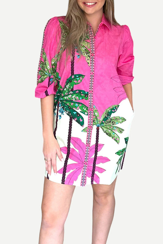 Pink Tropical Print Pocket Mini Dress