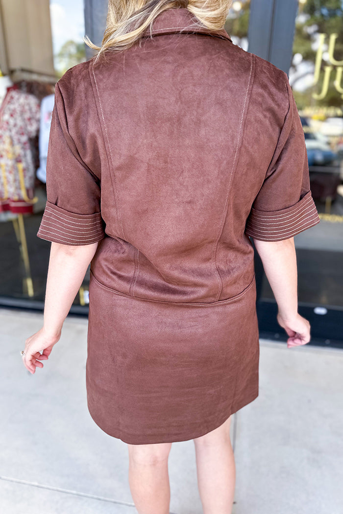 Short Sleeve Collared Suede Dress