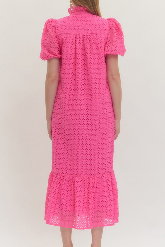 Ruffle Hem Eyelet Puff Sleeve Pocket Maxi Dress
