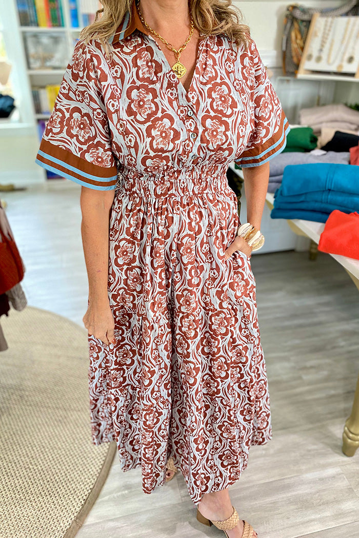 Pocketed Floral Print Band Collar Midi Dress
