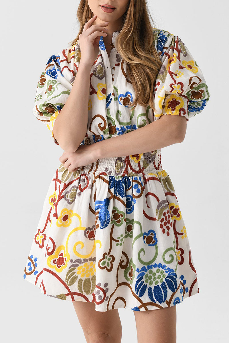 Floral Linen Lattering Ruched Waistline Dress