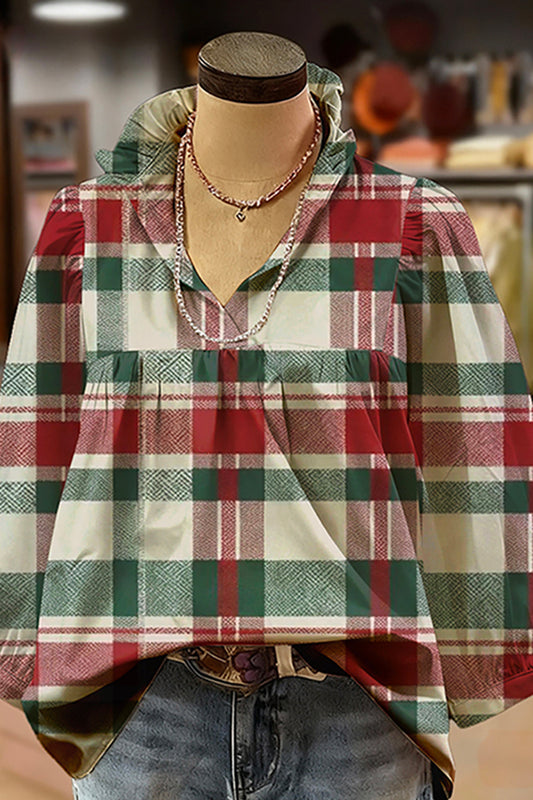 Plaid Print Ruffled V-Neck Puff-Sleeve Blouse