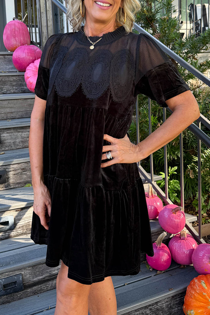 Lace Sheer-Yoke Velvet Shift Dress