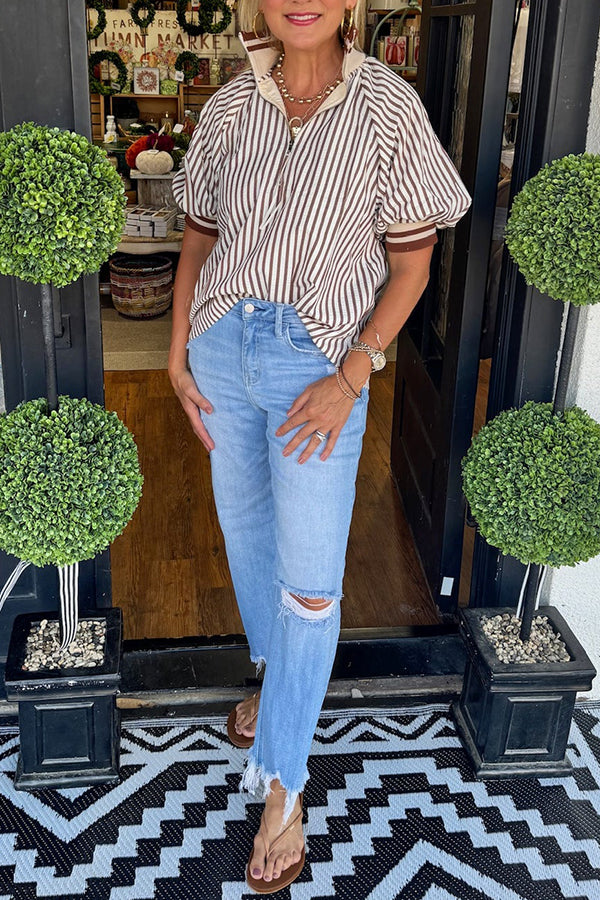 Casual Striped Half-Zipper Top