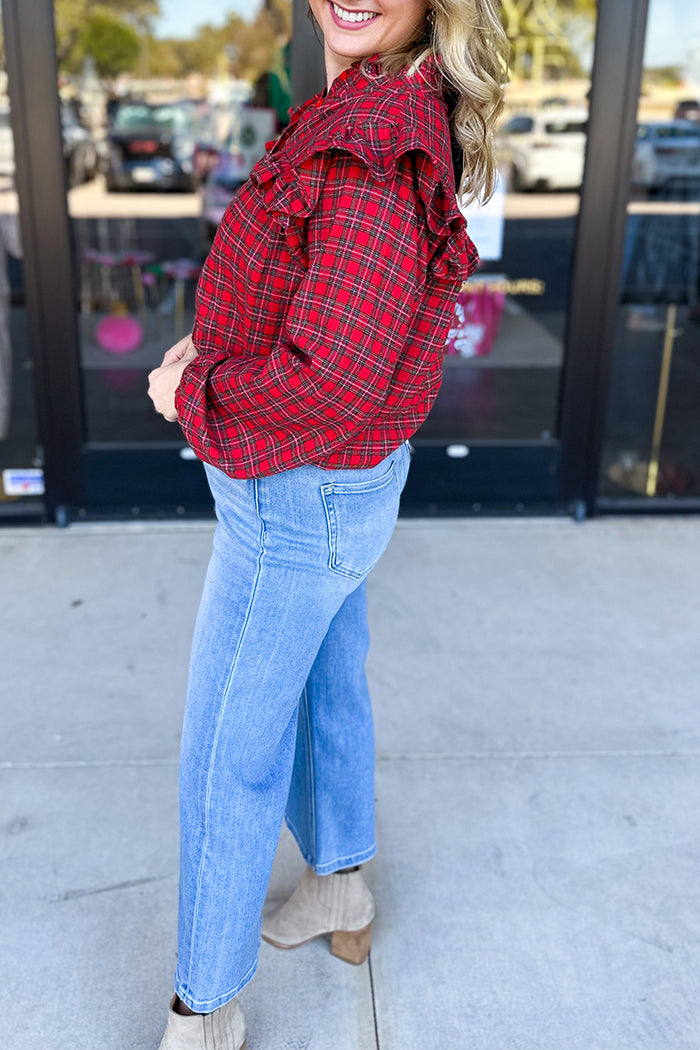 V-Neck Tartan Ruffle Blouse