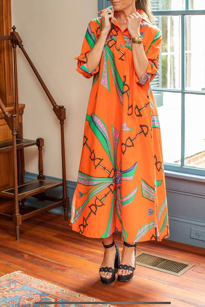 Vibrant Orange Graphic Print Shirt Maxi Dress