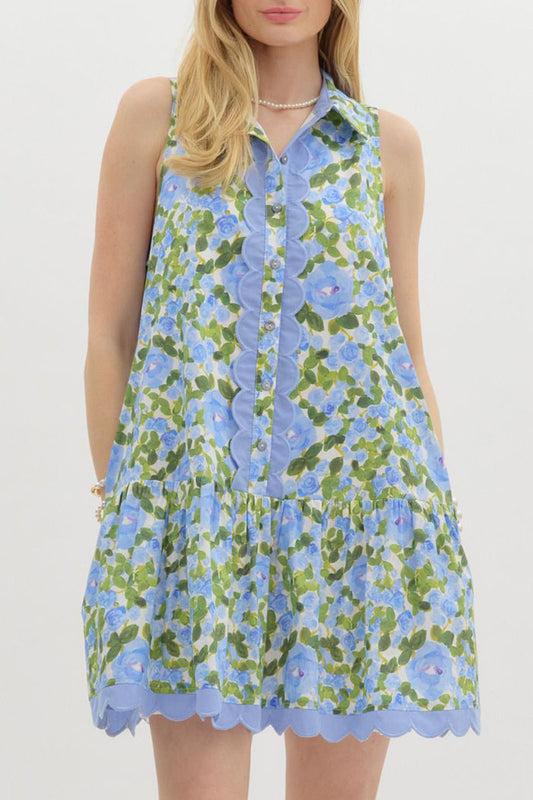 Floral Sleeveless Scallop Hem Pocket Dress