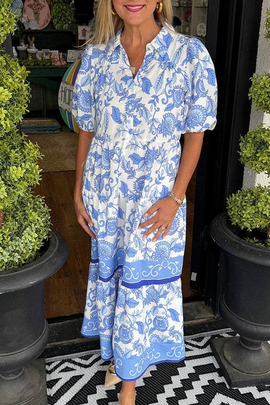 Puff Sleeve Printed Pocket Dress