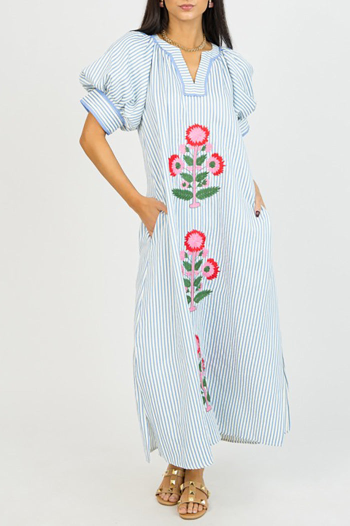 Striped Floral Embroidered Pocketed Maxi Dress