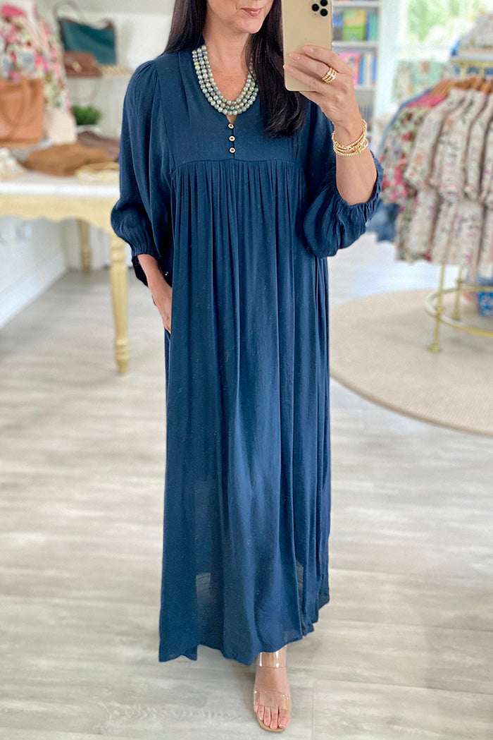 Bell Sleeve Side Slit Pocket Flowy Midi Dress