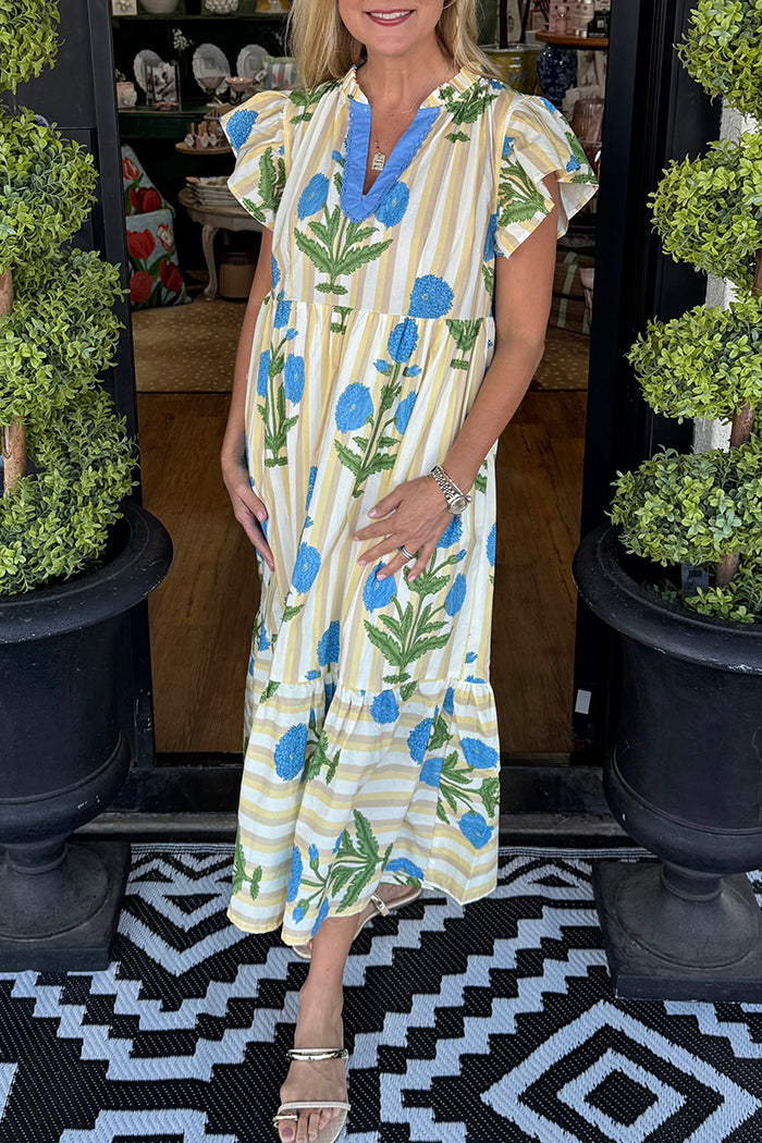 Striped Floral Ruffle Sleeve Pocket Dress