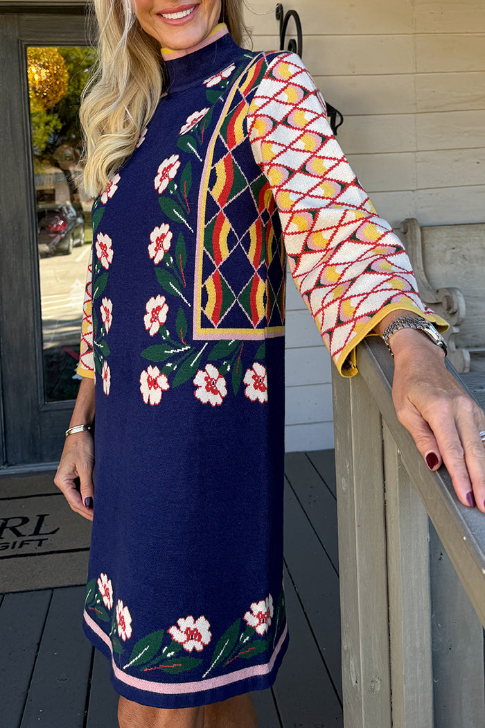 Geometric Pattern High Neck Knit Dress