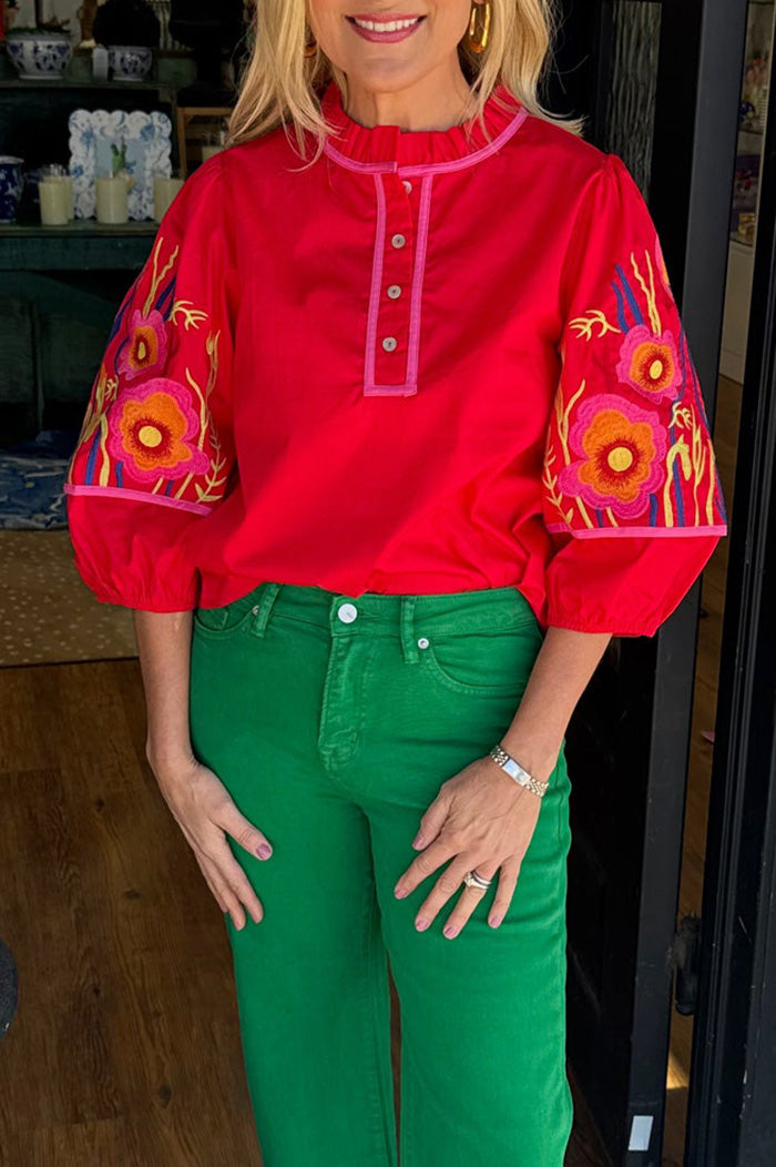 Red Floral Embroidered Puff Sleeve Top