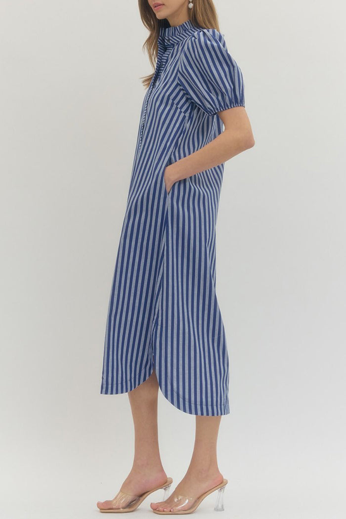 Striped Ruffle Neck Pocket Maxi Dress