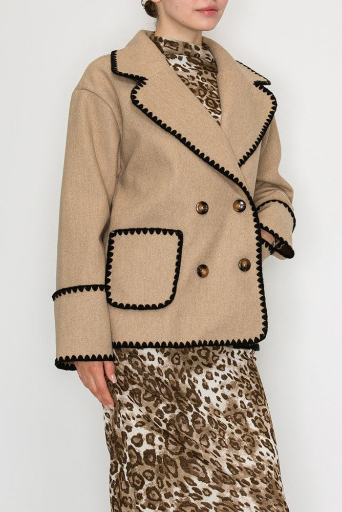 Pocketed Contrast Trim Double Button Jacket