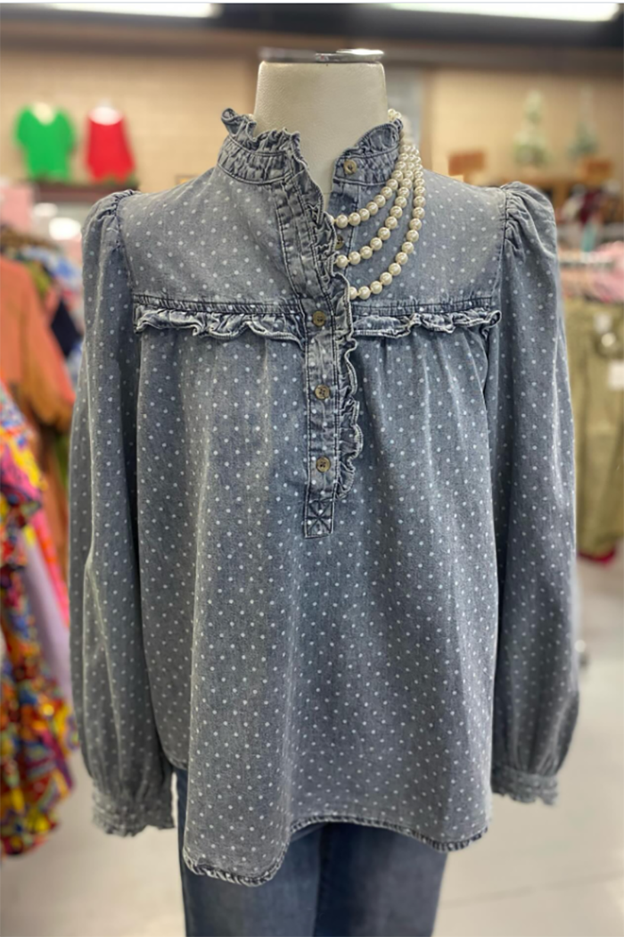 Denim Polka Dot Ruffle Peasant Top