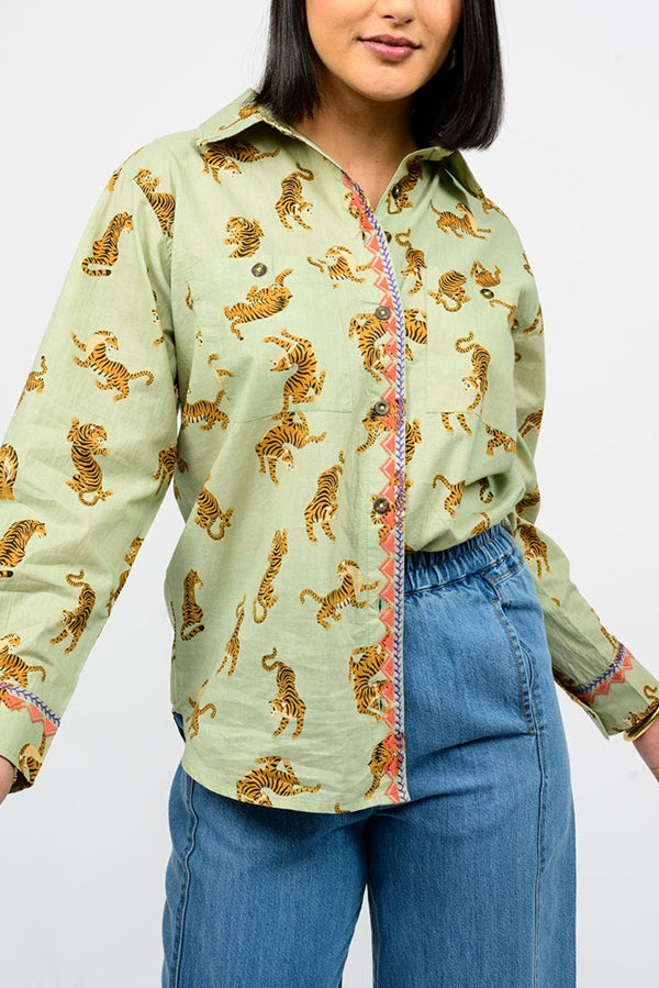 Tiger Embroidered Camp Top