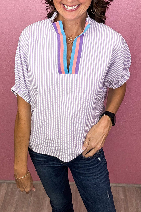 Casual Striped Elastic Sleeve Top