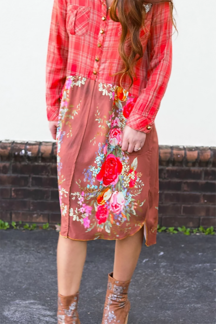 Casual Plaid Floral Dress